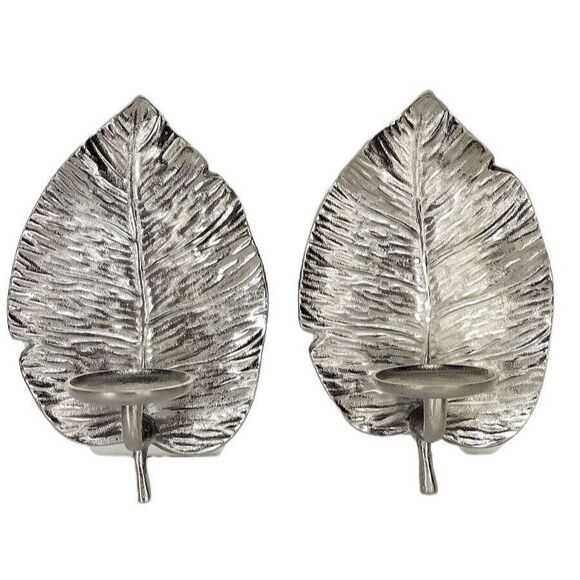 Botanical Boho Set of Two Palm Leaf Candle Holder Hanging Silver Wall Sconces - Picture 1 of 9